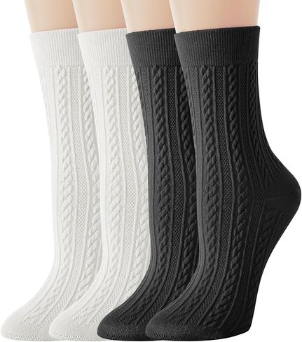 Crew Socks for Women, 4 Pairs Thick Bootie Socks, Warm Cotton Winter Boot Socks, White Knit Dress Socks, Size 5-9 in Saudi Arabia