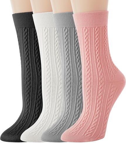 Crew Socks for Women, 4 Pairs Thick Bootie Socks, Warm Cotton Winter Boot Socks, White Knit Dress Socks, Size 5-9 in Saudi Arabia