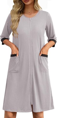 Ekouaer Womens Zipper Robe 3/4 Sleeve Ribbed Knit Short Bathrobe Lightweight Knee Length Housecoat with Pockets S-3XL in Saudi Arabia