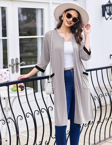 Ekouaer Womens Zipper Robe 3/4 Sleeve Ribbed Knit Short Bathrobe Lightweight Knee Length Housecoat with Pockets S-3XL in Saudi Arabia