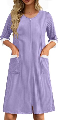 Ekouaer Womens Zipper Robe 3/4 Sleeve Ribbed Knit Short Bathrobe Lightweight Knee Length Housecoat with Pockets S-3XL in Saudi Arabia