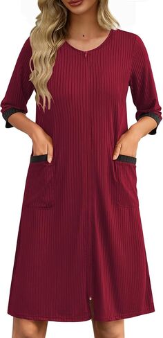 Ekouaer Womens Zipper Robe 3/4 Sleeve Ribbed Knit Short Bathrobe Lightweight Knee Length Housecoat with Pockets S-3XL in Saudi Arabia