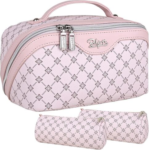 Travel Makeup Bags Cosmetic Organizer Bag: Large Capacity Make up Bag Set of 3 - PU Leather Toiletry Bag for Women - Portable Makeup Organizer with Compartments & Handle & Divider Coffee in Saudi Arabia