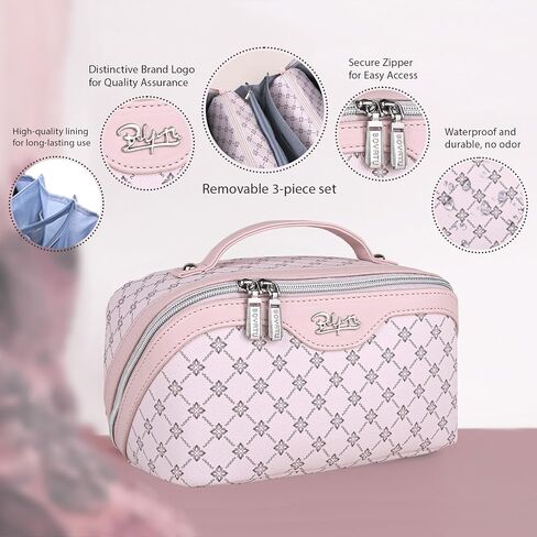 Travel Makeup Bags Cosmetic Organizer Bag: Large Capacity Make up Bag Set of 3 - PU Leather Toiletry Bag for Women - Portable Makeup Organizer with Compartments & Handle & Divider Coffee in Saudi Arabia