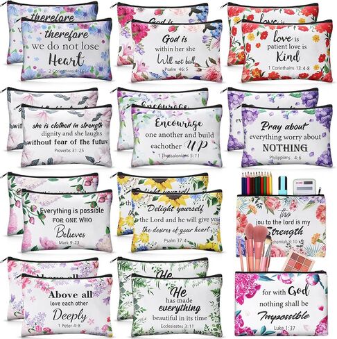 24 Pcs Christian Makeup Bag Bible Cosmetic Bags Inspirational Bible Verse Toiletry Pouches Canvas Motivational Bag with Zipper for women Organize Cosmetics Toiletries Stationery(Floral) in Saudi Arabia