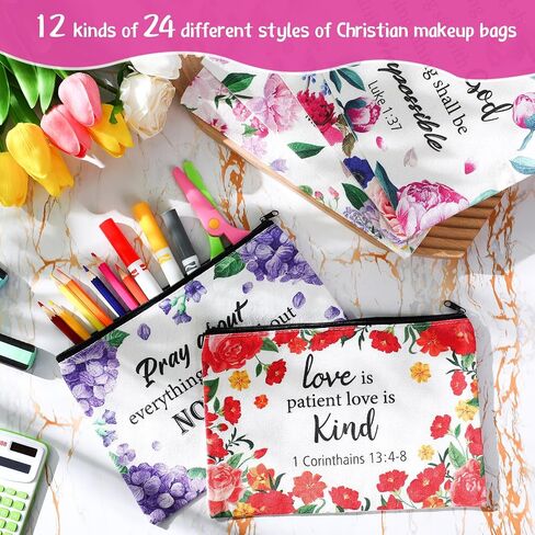24 Pcs Christian Makeup Bag Bible Cosmetic Bags Inspirational Bible Verse Toiletry Pouches Canvas Motivational Bag with Zipper for women Organize Cosmetics Toiletries Stationery(Floral) in Saudi Arabia