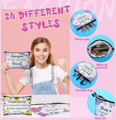24 Pcs Christian Makeup Bag Bible Cosmetic Bags Inspirational Bible Verse Toiletry Pouches Canvas Motivational Bag with Zipper for women Organize Cosmetics Toiletries Stationery(Floral) in Saudi Arabia
