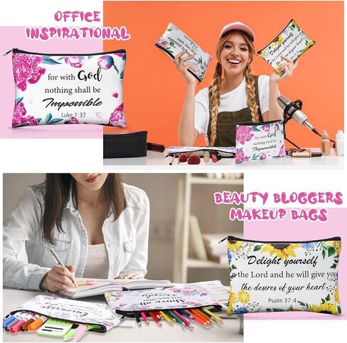 24 Pcs Christian Makeup Bag Bible Cosmetic Bags Inspirational Bible Verse Toiletry Pouches Canvas Motivational Bag with Zipper for women Organize Cosmetics Toiletries Stationery(Floral) in Saudi Arabia