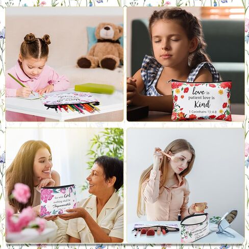 24 Pcs Christian Makeup Bag Bible Cosmetic Bags Inspirational Bible Verse Toiletry Pouches Canvas Motivational Bag with Zipper for women Organize Cosmetics Toiletries Stationery(Floral) in Saudi Arabia
