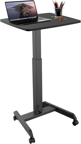 Mount-It! Adjustable Rolling Laptop Desk with Wheels [23.6" x 20.5"] Sit Stand Mobile Workstation Cart with Pneumatic Spring Lift for Height Adjustment, Rolling Computer Table, Foot Pedal (White) in Kuwait