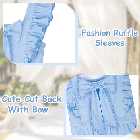 فستان VASCHY للفتيات مكشكش مقصوص من الخلف وتفاصيل فيونكة للمناسبات الخاصة فستان صيفي متأرجح من القطن in Kuwait