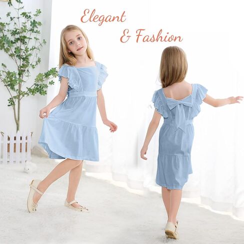 فستان VASCHY للفتيات مكشكش مقصوص من الخلف وتفاصيل فيونكة للمناسبات الخاصة فستان صيفي متأرجح من القطن in Kuwait