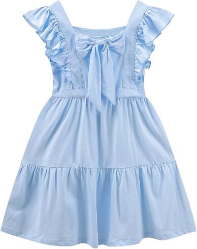 فستان VASCHY للفتيات مكشكش مقصوص من الخلف وتفاصيل فيونكة للمناسبات الخاصة فستان صيفي متأرجح من القطن in Kuwait