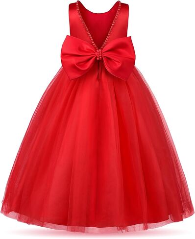 Uhnice Flower Girl Pearls Dress V-Back Tulle Ball Gown Satin Prom with Bow-Knot for Wedding Pageant Birthday Party in Saudi Arabia