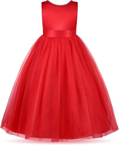 Uhnice Flower Girl Pearls Dress V-Back Tulle Ball Gown Satin Prom with Bow-Knot for Wedding Pageant Birthday Party in Saudi Arabia