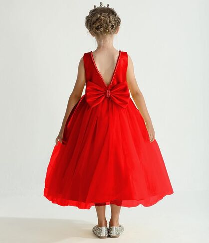 Uhnice Flower Girl Pearls Dress V-Back Tulle Ball Gown Satin Prom with Bow-Knot for Wedding Pageant Birthday Party in Saudi Arabia