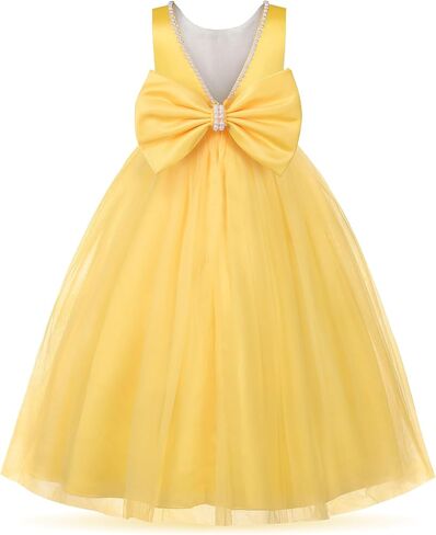 Uhnice Flower Girl Pearls Dress V-Back Tulle Ball Gown Satin Prom with Bow-Knot for Wedding Pageant Birthday Party in Saudi Arabia