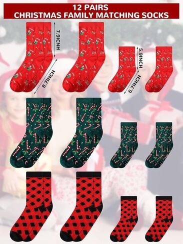 Suhine 12 Pairs Christmas Family Matching Socks Winter Socks Novelty Holiday Socks with 3 Patterns for Adults and Kids as Christmas Gift in Saudi Arabia