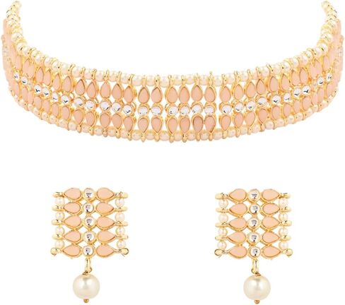 I Jewels Gold Plated Indian Wedding Bollywood Gold Pearl & Kundan Studded Choker Necklace Jewellery Set For Women (K7209) in Kuwait