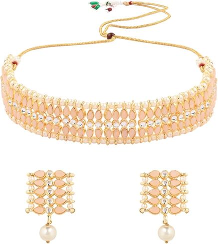I Jewels Gold Plated Indian Wedding Bollywood Gold Pearl & Kundan Studded Choker Necklace Jewellery Set For Women (K7209) in Kuwait