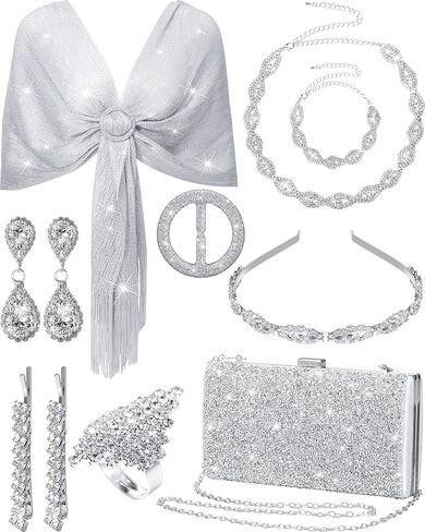 مجموعة مجوهرات Shihanee المكونة من 8 قطع من حجر الراين للنساء تتضمن شالات ولفائف وحقائب يد وعصابة رأس كريستالية ودبوس شعر وحلقة إصبع لحفلات الزفاف وحفلات الزفاف المسائية in Kuwait