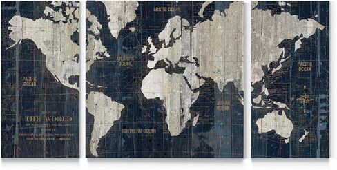 Renditions Gallery Old World Map Canvas Wall Art, White and Grey, Antique Travel Map of the World, Vintage, Premium Gallery Wrapped, Ready to Hang, Multi Piece, Overall Size: 32"x64", Made in USA in Saudi Arabia