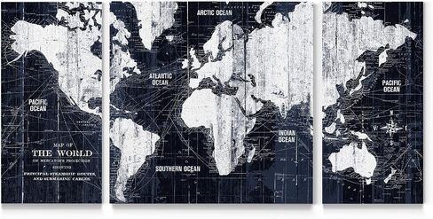 Renditions Gallery Old World Map Canvas Wall Art, White and Grey, Antique Travel Map of the World, Vintage, Premium Gallery Wrapped, Ready to Hang, Multi Piece, Overall Size: 32"x64", Made in USA in Saudi Arabia