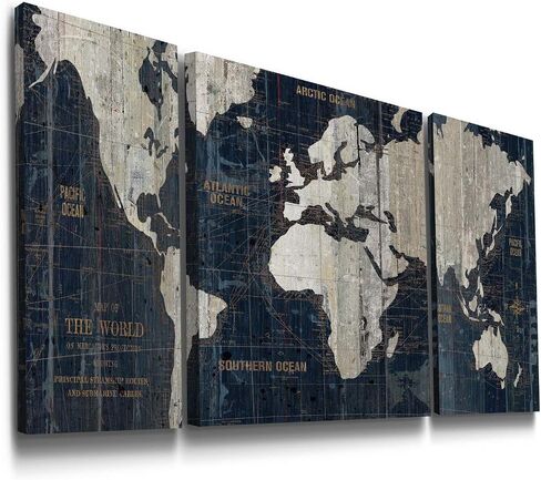 Renditions Gallery Old World Map Canvas Wall Art, White and Grey, Antique Travel Map of the World, Vintage, Premium Gallery Wrapped, Ready to Hang, Multi Piece, Overall Size: 32"x64", Made in USA in Saudi Arabia