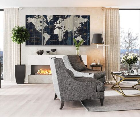 Renditions Gallery Old World Map Canvas Wall Art, White and Grey, Antique Travel Map of the World, Vintage, Premium Gallery Wrapped, Ready to Hang, Multi Piece, Overall Size: 32"x64", Made in USA in Saudi Arabia