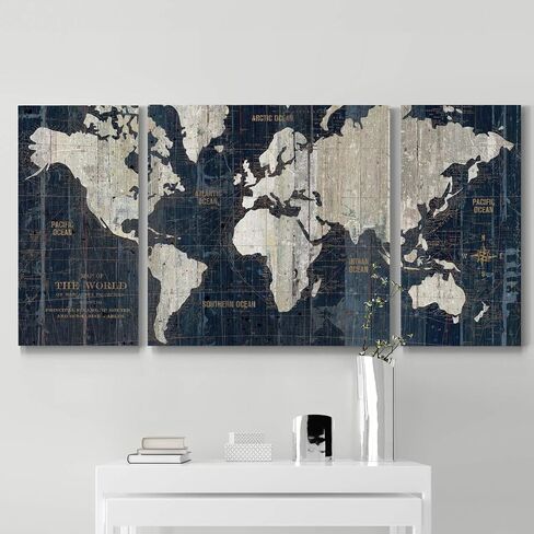 Renditions Gallery Old World Map Canvas Wall Art, White and Grey, Antique Travel Map of the World, Vintage, Premium Gallery Wrapped, Ready to Hang, Multi Piece, Overall Size: 32"x64", Made in USA in Saudi Arabia