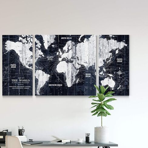 Renditions Gallery Old World Map Canvas Wall Art, White and Grey, Antique Travel Map of the World, Vintage, Premium Gallery Wrapped, Ready to Hang, Multi Piece, Overall Size: 32"x64", Made in USA in Saudi Arabia