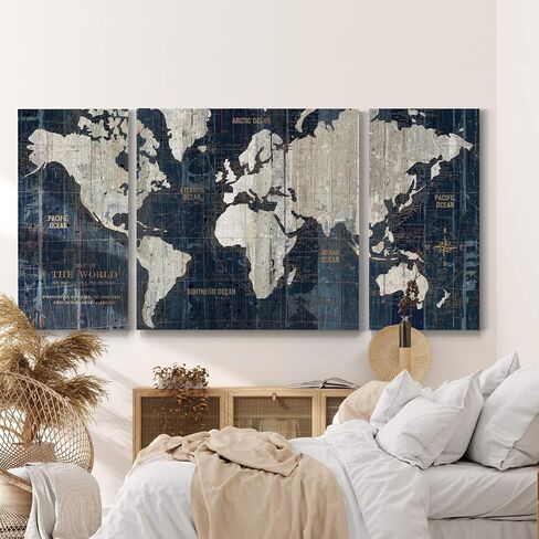 Renditions Gallery Old World Map Canvas Wall Art, White and Grey, Antique Travel Map of the World, Vintage, Premium Gallery Wrapped, Ready to Hang, Multi Piece, Overall Size: 32"x64", Made in USA in Saudi Arabia