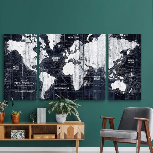 Renditions Gallery Old World Map Canvas Wall Art, White and Grey, Antique Travel Map of the World, Vintage, Premium Gallery Wrapped, Ready to Hang, Multi Piece, Overall Size: 32"x64", Made in USA in Saudi Arabia