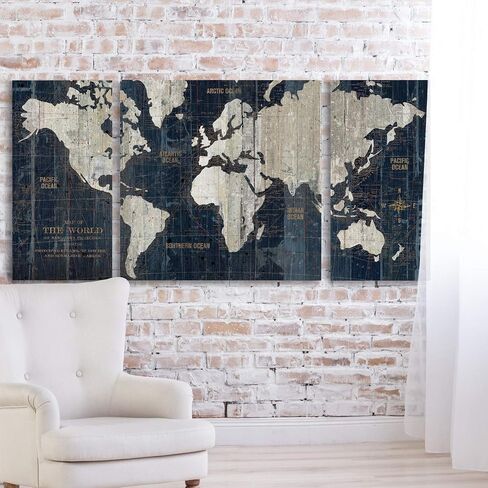 Renditions Gallery Old World Map Canvas Wall Art, White and Grey, Antique Travel Map of the World, Vintage, Premium Gallery Wrapped, Ready to Hang, Multi Piece, Overall Size: 32"x64", Made in USA in Saudi Arabia