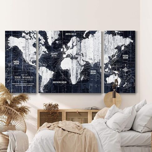 Renditions Gallery Old World Map Canvas Wall Art, White and Grey, Antique Travel Map of the World, Vintage, Premium Gallery Wrapped, Ready to Hang, Multi Piece, Overall Size: 32"x64", Made in USA in Saudi Arabia