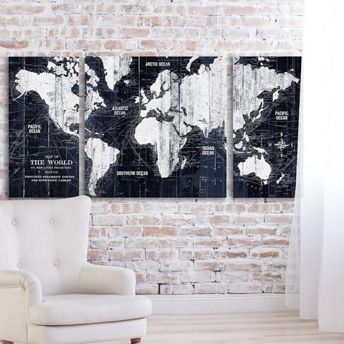 Renditions Gallery Old World Map Canvas Wall Art, White and Grey, Antique Travel Map of the World, Vintage, Premium Gallery Wrapped, Ready to Hang, Multi Piece, Overall Size: 32"x64", Made in USA in Saudi Arabia