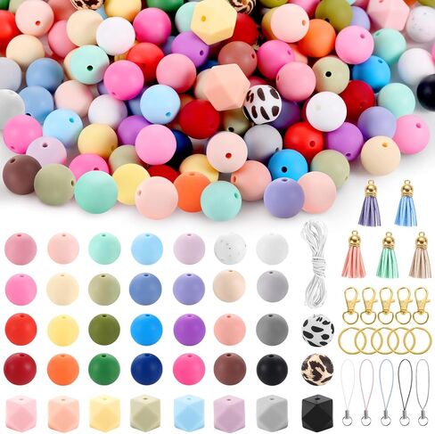 254 قطعة من خرز السيليكون للأقلام، خرز سيليكون 15 مم لصنع سلسلة المفاتيح، خرز مطاطي مثمن دائري ملون من Funtopia لصنع قلادة السوار والحرف اليدوية مع حلقات المفاتيح والشرابات in Kuwait