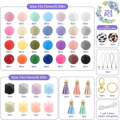 254 قطعة من خرز السيليكون للأقلام، خرز سيليكون 15 مم لصنع سلسلة المفاتيح، خرز مطاطي مثمن دائري ملون من Funtopia لصنع قلادة السوار والحرف اليدوية مع حلقات المفاتيح والشرابات in Kuwait