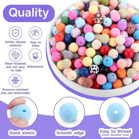 254 قطعة من خرز السيليكون للأقلام، خرز سيليكون 15 مم لصنع سلسلة المفاتيح، خرز مطاطي مثمن دائري ملون من Funtopia لصنع قلادة السوار والحرف اليدوية مع حلقات المفاتيح والشرابات in Kuwait