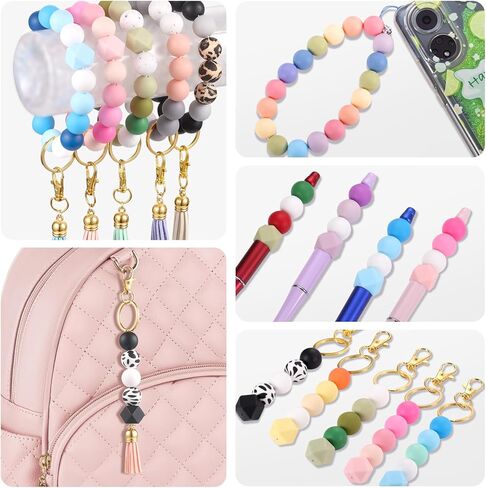 254 قطعة من خرز السيليكون للأقلام، خرز سيليكون 15 مم لصنع سلسلة المفاتيح، خرز مطاطي مثمن دائري ملون من Funtopia لصنع قلادة السوار والحرف اليدوية مع حلقات المفاتيح والشرابات in Kuwait