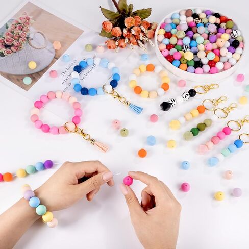 254 قطعة من خرز السيليكون للأقلام، خرز سيليكون 15 مم لصنع سلسلة المفاتيح، خرز مطاطي مثمن دائري ملون من Funtopia لصنع قلادة السوار والحرف اليدوية مع حلقات المفاتيح والشرابات in Kuwait