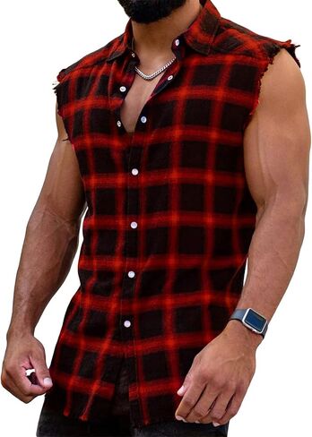 Mens Sleeveless Flannel Shirt Plaid Casual Button Down Shirts Vest in Kuwait