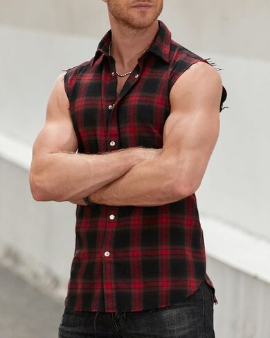 Mens Sleeveless Flannel Shirt Plaid Casual Button Down Shirts Vest in Kuwait