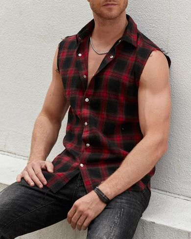 Mens Sleeveless Flannel Shirt Plaid Casual Button Down Shirts Vest in Kuwait