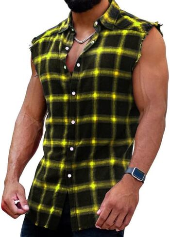 Mens Sleeveless Flannel Shirt Plaid Casual Button Down Shirts Vest in Kuwait
