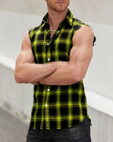 Mens Sleeveless Flannel Shirt Plaid Casual Button Down Shirts Vest in Kuwait