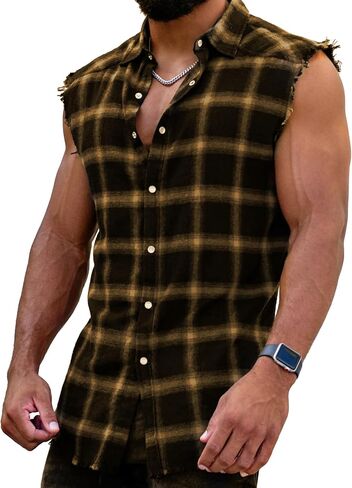 Mens Sleeveless Flannel Shirt Plaid Casual Button Down Shirts Vest in Kuwait