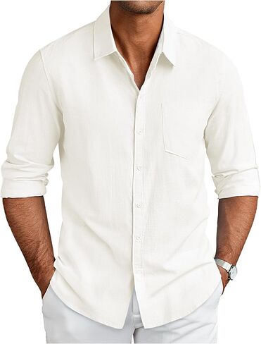 COOFANDY Men's Long Sleeve Button Down Shirts Casual Cotton Linen Shirts Summer Beach Shirt with Pocket in Saudi Arabia