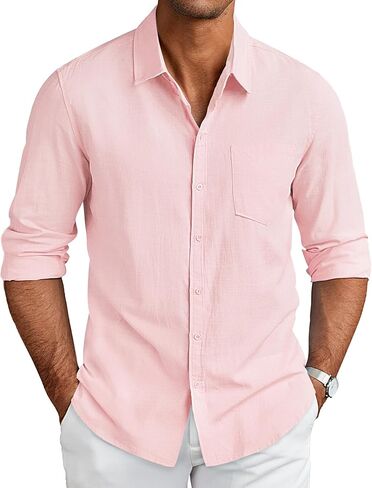 COOFANDY Men's Long Sleeve Button Down Shirts Casual Cotton Linen Shirts Summer Beach Shirt with Pocket in Saudi Arabia