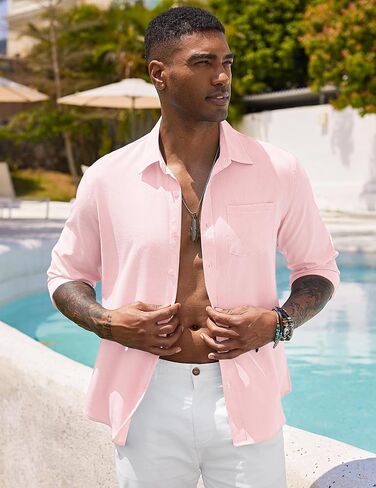 COOFANDY Men's Long Sleeve Button Down Shirts Casual Cotton Linen Shirts Summer Beach Shirt with Pocket in Saudi Arabia